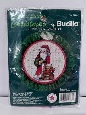 Counted Cross-Stitch Santa with Toys with Ruffled Frame, never opened